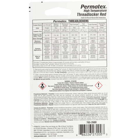 Back view of Permatex High Temperature Threadlocker Red packaging with detailed product specifications and safety instructions.
