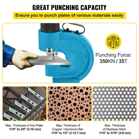35 Ton Hydraulic Hole Punch Tool For Iron Copper Aluminum And Stainless Steel Sheets With 109mm Throat And High Carbon Tungsten Die Set