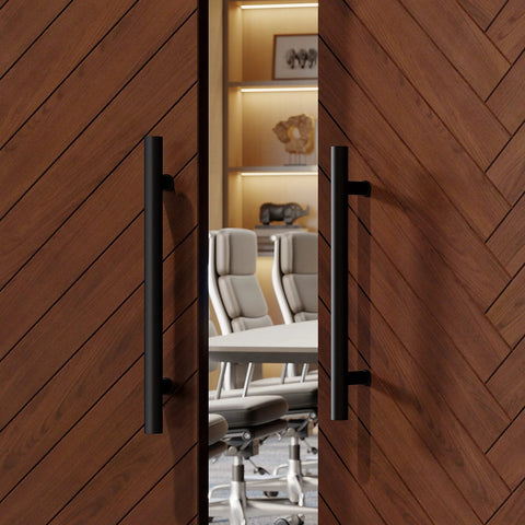 36-Inch Stainless Steel Push Pull Door Handle Black H Shape on wooden doors in an office setting; shows handles from front view.