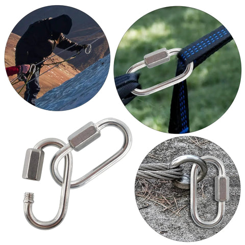 Six Pack Carbon Steel Chain Quick Links With M3 Quick Locking Carabiner Set used in outdoor activities and attached to various gears