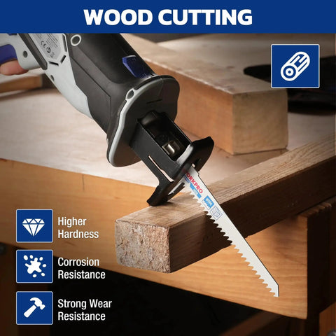 Reciprocating saw in use with Cr-V steel woodcutting blade from 32-piece set, demonstrating wood cutting capabilities.