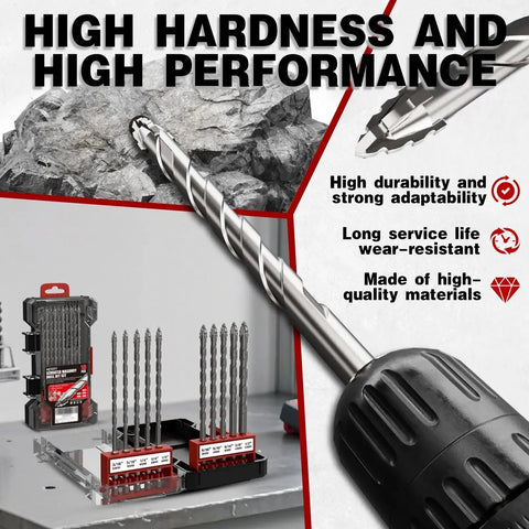 Close-up of a drill bit set labeled 'Upgraded 6 Inch Long Masonry Drill Bit Set With Ten Pieces Of Serrated Carbide Drill Bits For Concrete Tile Brick Glass Ceramic Wood And Plastic Ranging From Three Sixteenths Inch To Half Inch', showcasing tools with high durability features, designed for tough materials.