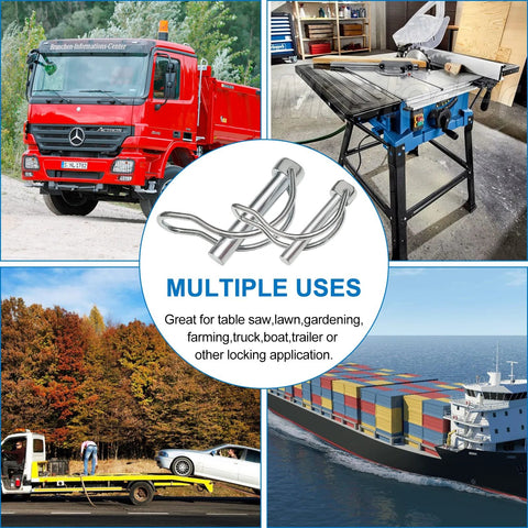 Heavy Duty Pin And Fastener Kit With 383 Pieces For Tractors Trailers Trucks And Mowers Including R Clip Pins Hairpin Cotter Pins Lynch Pins PTO Pins Clevis Pins Square PTO Pins And 3 Point Hitch Accessories, shown with table saw and vehicles