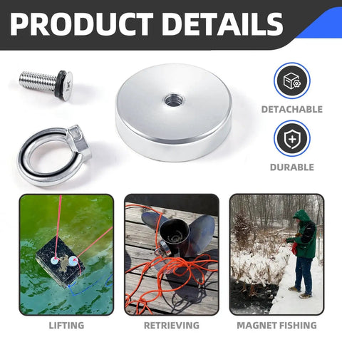 Neodymium Fishing Magnet 60mm 500lb Pull 65ft Rope For Lake Beach Lawn, detachable design, shown with magnet fishing activities