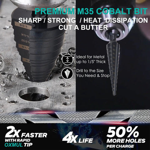 M35 Cobalt Step Drill Bit Set With 25 Steps From One Eighth To Seven Eighth Inch For Stainless Steel Hard Metal Aluminum Iron Wood