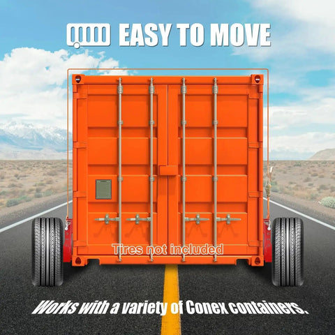 Two Pack Shipping Container Wheels With Eight Lug Configuration And Axle Ratchet Tie Down System For Moving Empty 20 To 40 Foot Marine Containers Marine Container Accessories Each Unit Certified To Support Up To 8800 Pounds, shown installed on an orange container on a road.