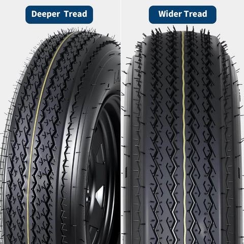 Close-up view of 2-Pack 5.30-12 Trailer Tires With 12 Inch Rims, 5 Lug On 4.5 Inch Bolt Pattern, 6 Ply Load Range C Heavy Duty Tires tread design