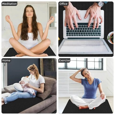 Collage showcasing uses of Bed Grounding Mat Kit for better sleep and stress relief during meditation, office work, home relaxation, and exercise.