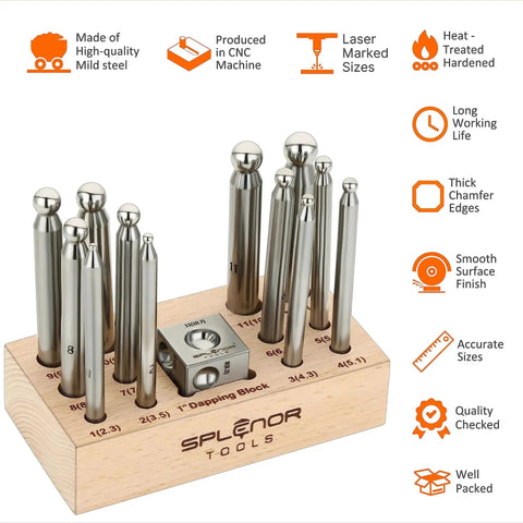 1 Inch Square Dapping Block With 12 Dapping Punches Set For Jewelry Making Pro Grade Steel Doming Die Kit on Wooden Stand