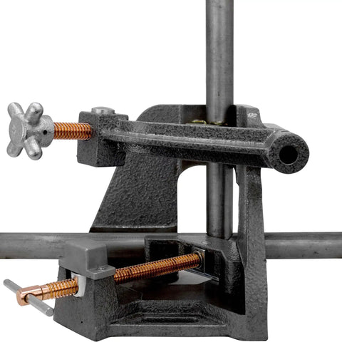 3-Axis Fixture Vise With Quick Acting Screws And Swing Away Arm, Two Stand-Offs, attached to metal pipes, heavy-duty steel construction