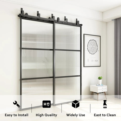 Installed Bypass Glass Barn Door Kit With Double 6-Foot Hardware, 72 By 84 Inch Sliding Door Set In Reeded Glass, Black Carbon Steel Frame