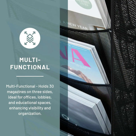 Close-up of Onyx Rotating Mesh Magazine Holder With 30 Pockets Display Rack showcasing magazines in mesh pockets
