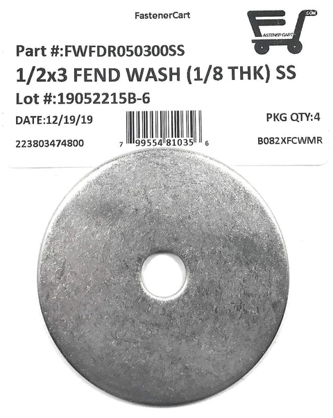 Stainless steel fender washer, 1/2 in ID, 3 in OD, 1/8 in thick, 4-piece pack