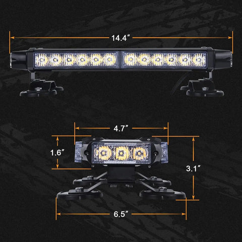LINKITOM roof-top amber LED strobe light bar, front view, magnetic base, dual-sided, 14.4 in, 30 LEDs.