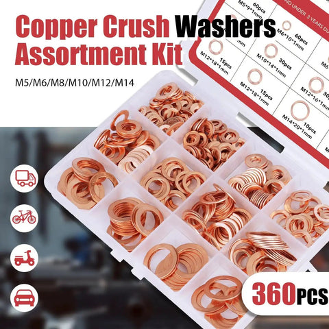 Must Have Pro Grade Copper Washer Set 360 Pcs With 10 Metric Sizes M5 M6 M8 M10 M12 M14 in organized case