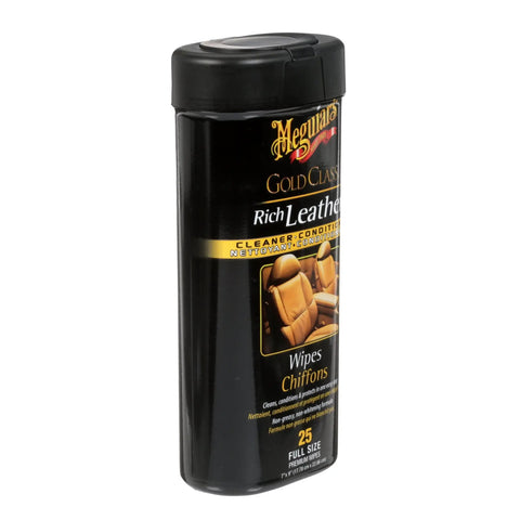Gold Class Rich Leather Wipes For Car Care With Conditioning And UV Protection, Moisturizers Help Prevent Drying Out And Cracking, 30 Count By Meguiar's, canister view displaying leather wipes.