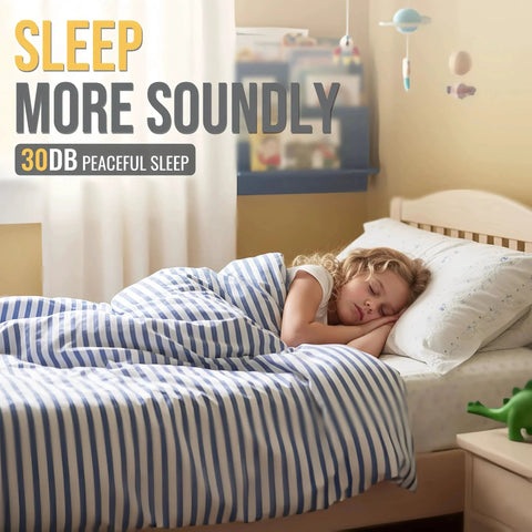 Child peacefully sleeping in bed with striped blue and white bedding, text overlay promoting sound sleep at 30dB.