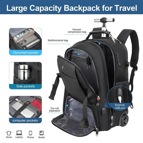 Three In One Travel Vacuum Backpack With Wheels For Women And Men 50L Rolling Vacpack featuring laptop compartment and TSA lock