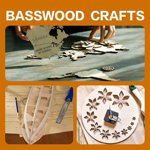 36 Pack Basswood Sheets 12x12 Inch One Eighth Inch Thick For Laser Cutting And Crafts shown with various wood projects.