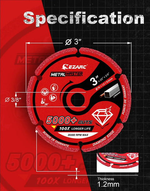 Diamond Cutting Wheel For Die Grinder Three Inch Diameter And Three Eighths Inch Thick Two Pack 5000 Plus Metal Cuts Pro Grade Durable Diamond Wheel For Metalworking Long Lifespan Gray EZARC