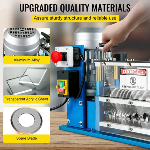 Automatic Wire Stripping Machine With 370W Motor Delivers Fast Copper Cable Stripping From 0.06 Inch To 1.5 Inch Up To 98 Feet Per Minute 11 Channels 10 Blades Ideal For Scrap Recycling And Save You Time On Cable Prep with aluminum alloy, acrylic sheet, and spare blade visible