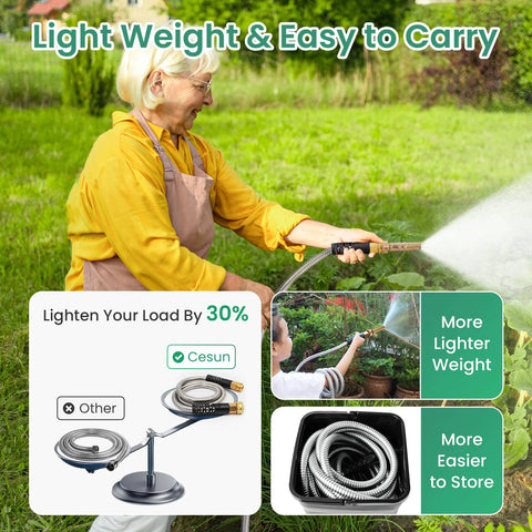 Metal garden hose by Cesun, 25 ft, stainless steel braided with brass nozzle for outdoor watering.