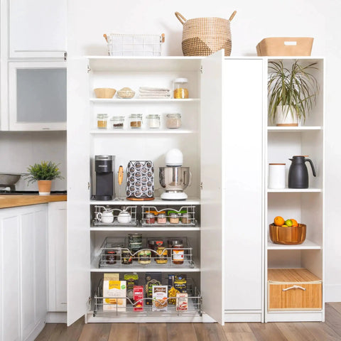 Kitchen with open cabinet showcasing heavy-duty cabinet organizer with pull-out drawer for pots and pans, anti-rust chrome finish