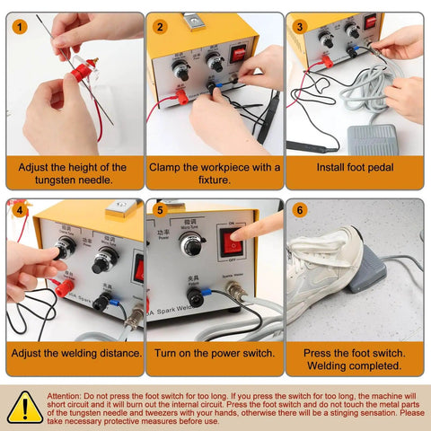 Step-by-step guide using 30A Jewelry Spot Welder Machine Handheld Pulse Arc Welder For Gold Silver Platinum And K Gold Jewelry DIY Repair Pro Grade Precision Instant Arc Stable Electrodes Foot Switch Operated.