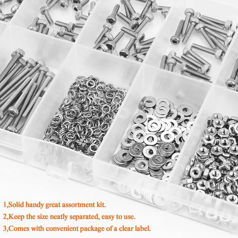 Pro Grade Heavy Duty Hex Socket Head Cap Screws Kit In 304 Stainless Steel, M2.5 Thread, showing screws, nuts, and washers in box