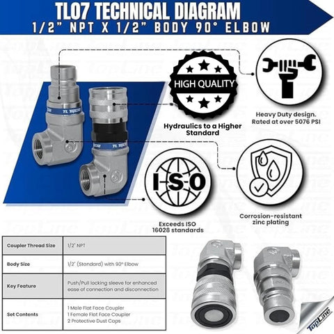 TL107 Topline 1/2 in NPT hydraulic quick connect coupler set with 90° elbow, ISO 16028, dust caps, front view