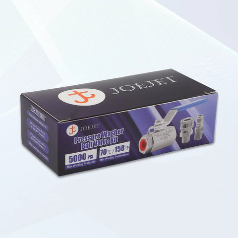 Three Eighths Inch Quick Connect Ball Valve Kit For High Pressure Washers box, featuring stainless steel valve and adapters.