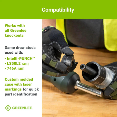 11-Ton Battery Hydraulic Knockout Punch Kit with slug buster, compatible with Intelli-PUNCH, shown on wooden table with hand holding part.