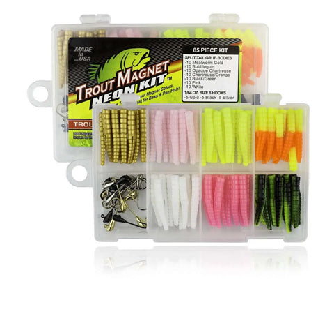 Ultimate Trout Fishing Gear Kit Bundle With 82 Pieces, 350 Yard SOS Monofilament Line, Phantom Fluorocarbon Leaders, And 4 EZTrout Floats For Next Level Freshwater Angling displayed in open tackle box with assorted lures.
