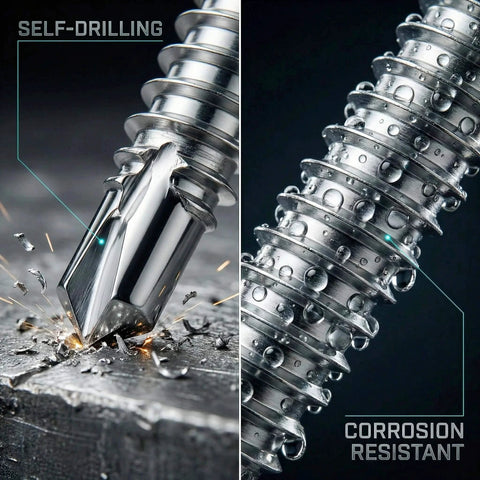 12 By 2 And A Half Inch Flat Head Phillips Self Tapping Screws For Metal And Plastic, 410 Stainless Steel High Hardness Self Drilling Screws, close-up of drilling and corrosion resistance
