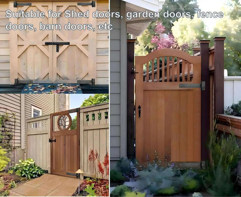 Wooden gates with 12 Inch Heavy Duty T Strap Gate Hinges for barn fence and shed doors, 180 degree swing, 4mm industrial steel.