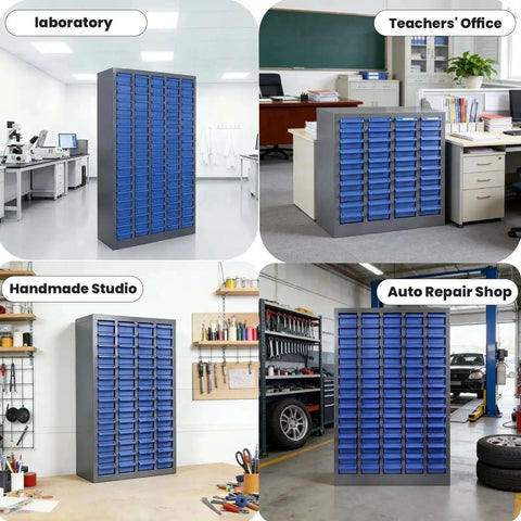 100-Drawer Nut And Bolt Organizer With Stainless Steel Frame, ABS Bins, Shelves And Labels in various settings