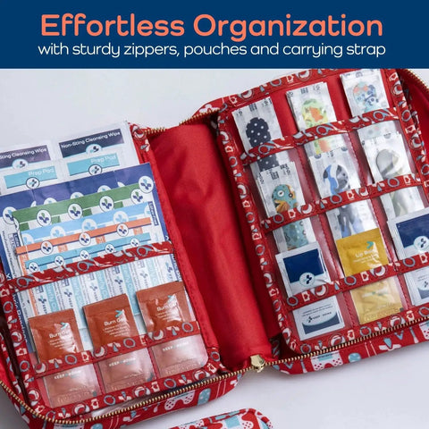 Open view of all-in-one large first aid kit for kids and family with pouches and supplies, 270 pieces, travel-ready, latex-free.