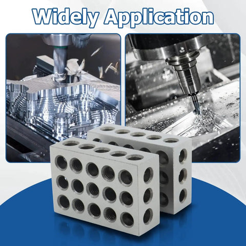 Machinist Grade 1 2 3 Block Set With Matched Pair 1 by 2 by 3 Inches, 23 Holes Including Five Tapped Three Eighths Inch and Eighteen Untapped, 0.0002 Inch Per Inch Accuracy, Hardened And Ground On All Sides, Cross Drilled For Quick Clamping in machining application