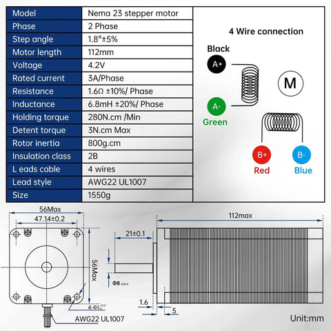 Technical diagram of NEMA 23 stepper motor specifications for Lathe Electronic Leadscrew Kit For CNC Lathe with wire connection details.
