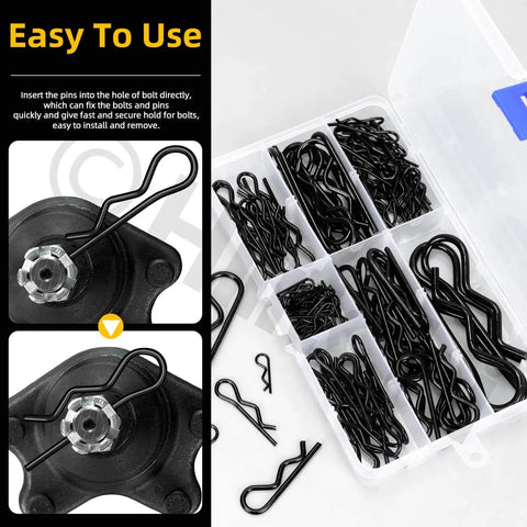 Comprehensive Hitch Pin Clip Kit With 145 Pieces In 6 Sizes R Clips Retaining Pins Hair Pins For Tractor Trailer Garden Equipment And More Comes In A Clear Storage Box Hilitchi, showing clips in box and installed view