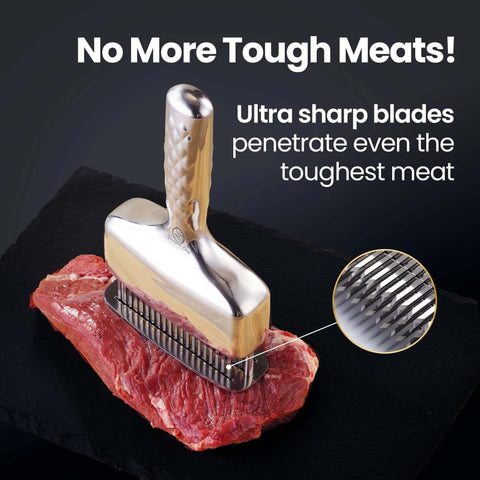 Heavy Duty One Piece Meat Tenderizer Tool With Extra Long Handle No Assembly Rustproof Stainless Steel Blades And Sharp Needle Punch Mallet Hammer For Juicy Steaks A No Fuss Kitchen Must Have in use on steak.