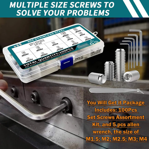 100 Piece Allen Screws Set Kit M3 M4 M5 M6 M8 With Allen Keys Heavy Duty Built To Last 304 Stainless Steel Cup Point Fasteners