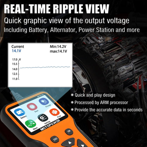 Must Have 12V Car Battery Tester For Auto Cranking And Charging System 100 To 2000 CCA Load Tester Quick Battery Health Readout And Alternator Check MOTOPOWER Silver Edition display showing voltage output.