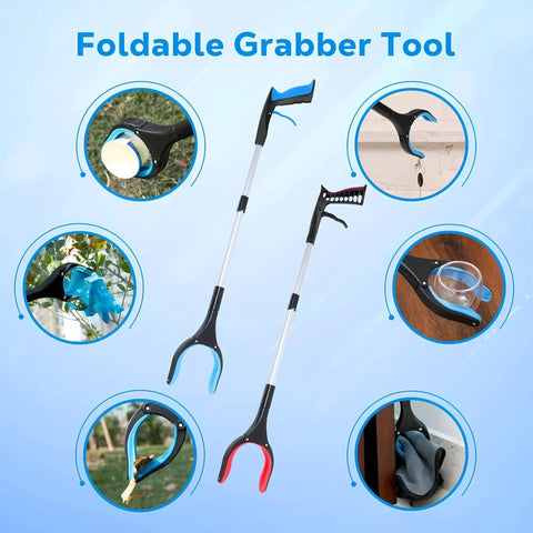Extra Long 32 Inch Foldable Reacher Tool With 360 Degree Rotating Jaw for easy grab of trash and small objects, blue handle.