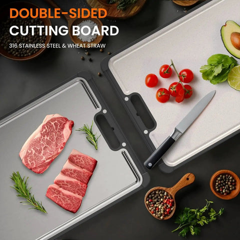 Extra Large Dual Sided Stainless Steel Cutting Board With 316 Stainless For Safer Cooking Non Toxic Food Grade Surface Eco Friendly Wheat Straw Fusion Dual Material Meat Prep Board 16.9 by 11.8 Inches Kitchen Essential with vegetables and spices