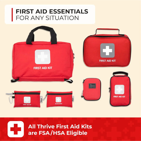 Various red first aid kits by Thrive, including Mini First Aid Kit For Travel And Adventure, ideal for on-the-go emergencies.