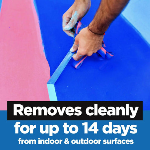 Person peeling off Multi Surface Painter Tape 1 Inch Wide Blue Masking Tape 60 Yards For Indoor And Outdoor Use Removable With Damage Free Adhesive from a painted surface