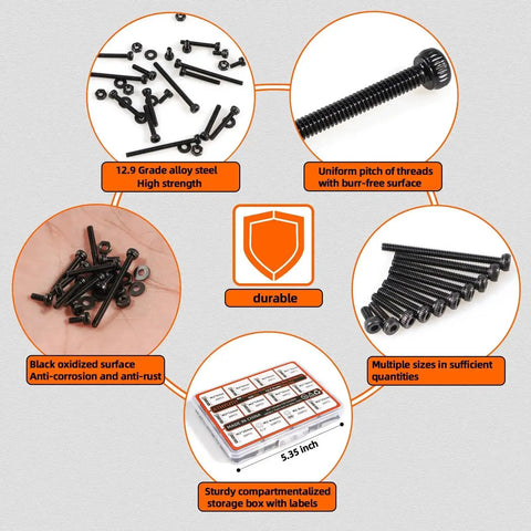 M2 Metric Hex Socket Head Cap Screw Kit With Nuts And Washers, 960 Pieces, Black Alloy Steel Fasteners, hex head details and storage box