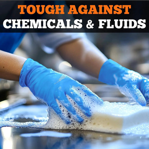 Person wearing Six Mil Nitrile Exam Gloves Large Box Of 100 Latex Free Powder Free Heavy Duty while cleaning with soap