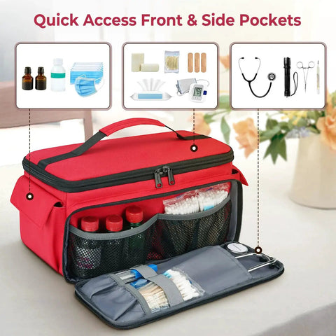 Large Capacity Medical Travel Bag With 12 Pockets And Pill Bottle Organizer, red, displaying quick access front and side pockets.